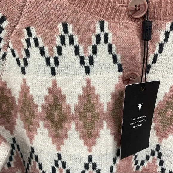 FRYE Argyle Nordic Fair Isle Button Up Cardigan Mauve Small Oversized Preppy SM - Picture 4 of 5